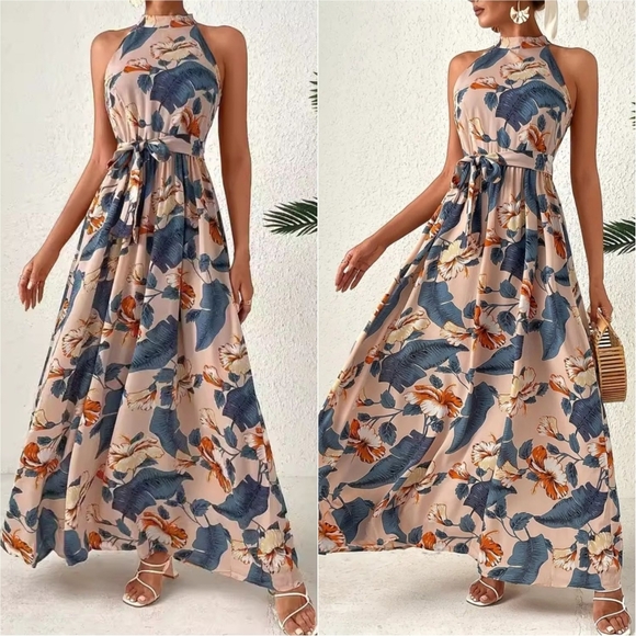 Harmony In Nature Dresses & Skirts - Garden Kiss Halter Maxi Dress - Desert Blue